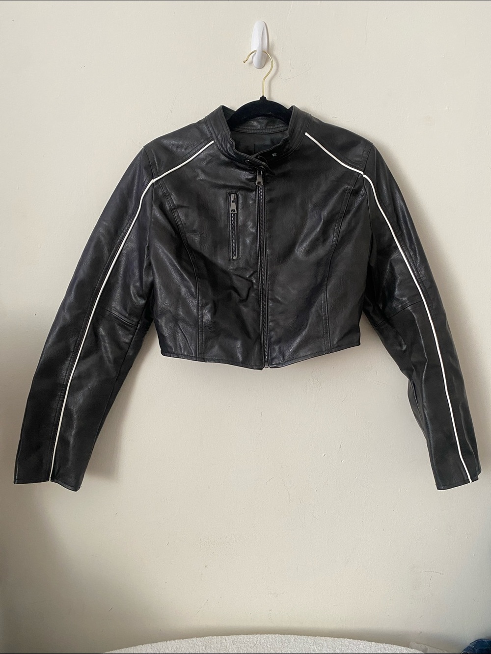 Black Leather Crop Moto Jacket with White Piping